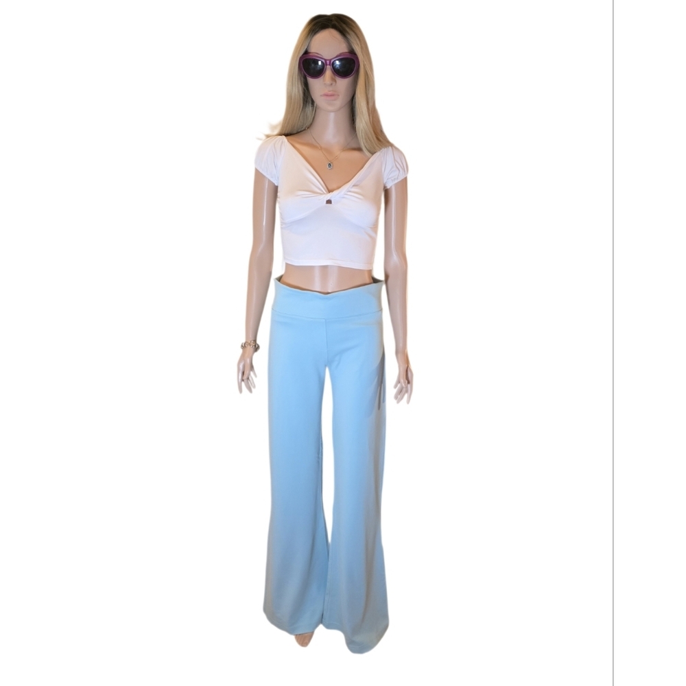 Betabrand Wide Leg Flare  Dress Pant Yoga Pants DPYP Sky Blue  MEDIUM Long